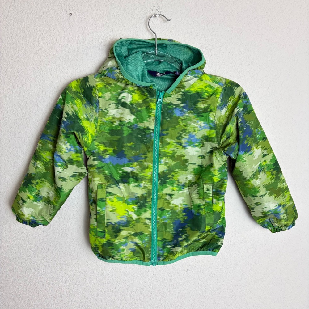 Lands End Kids Green Abstract Camo Hooded Windbreaker Jacket XS 4-5